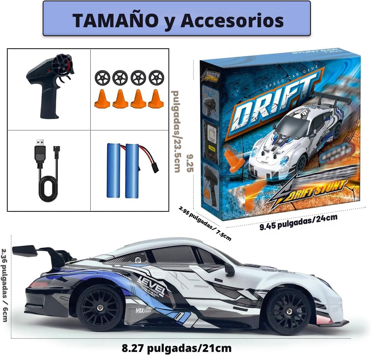 Auto RC Drift de 2.4 GHz, escala 1:24, 4WD, de alta velocidad, coches de control remoto vehículo con luces LED, dos baterías y neumáticos de drift, autos de juguete deportivos de carreras