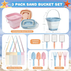 Juego de palas de playa y bolsa de malla para niños, set de 3 cubos plegables para arena