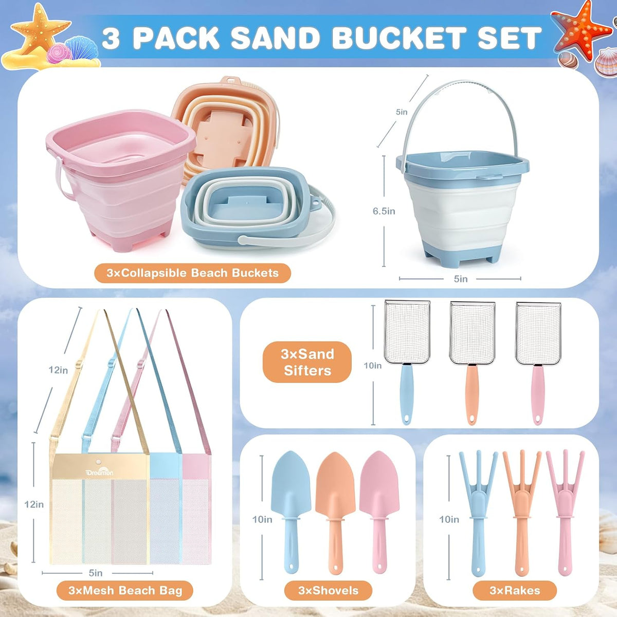 Juego de palas de playa y bolsa de malla para niños, set de 3 cubos plegables para arena
