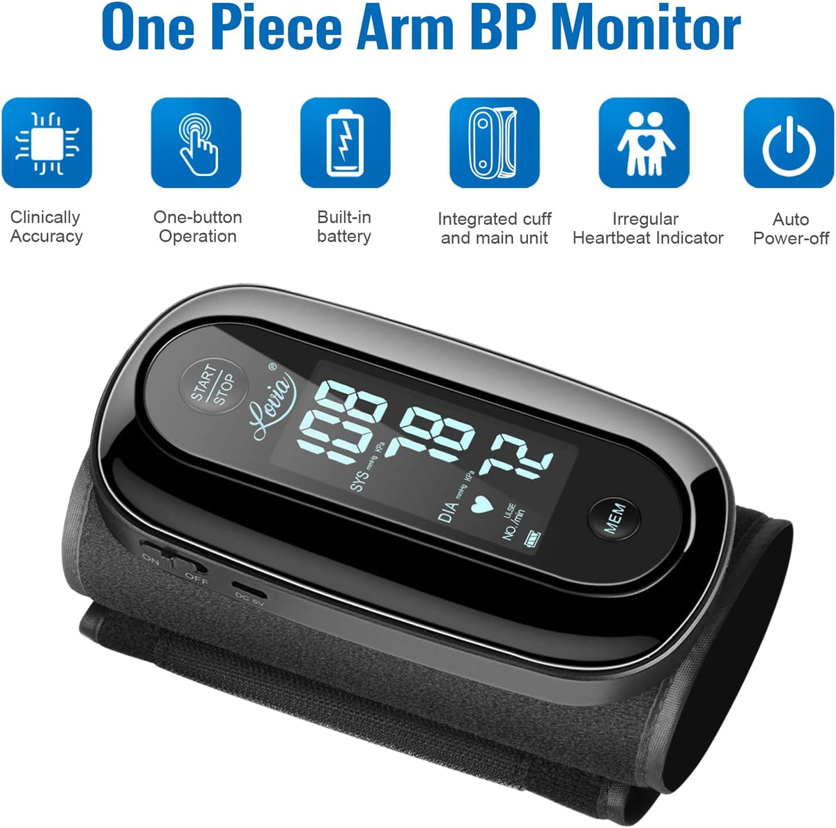 Monitor de presión arterial para brazo superior con diseño de una pieza, máquina digital de BP para uso doméstico con tamaño de manguito de 9-14 pulgadas, medidor portátil, batería incorporada