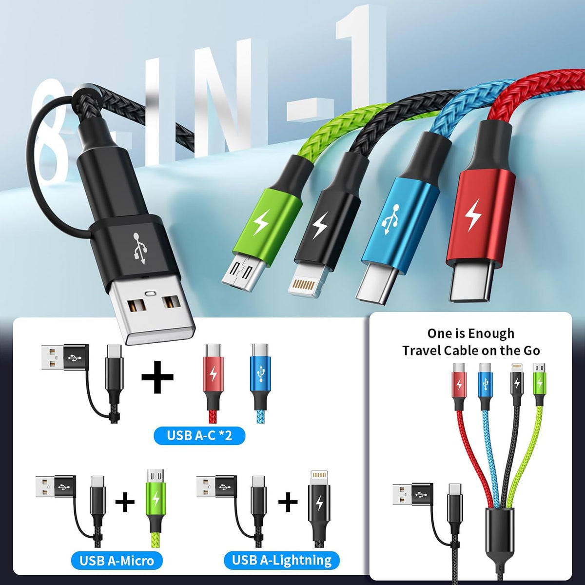 Cable de carga múltiple 4 en 2, paquete de 3 cables de carga de 5 pies para