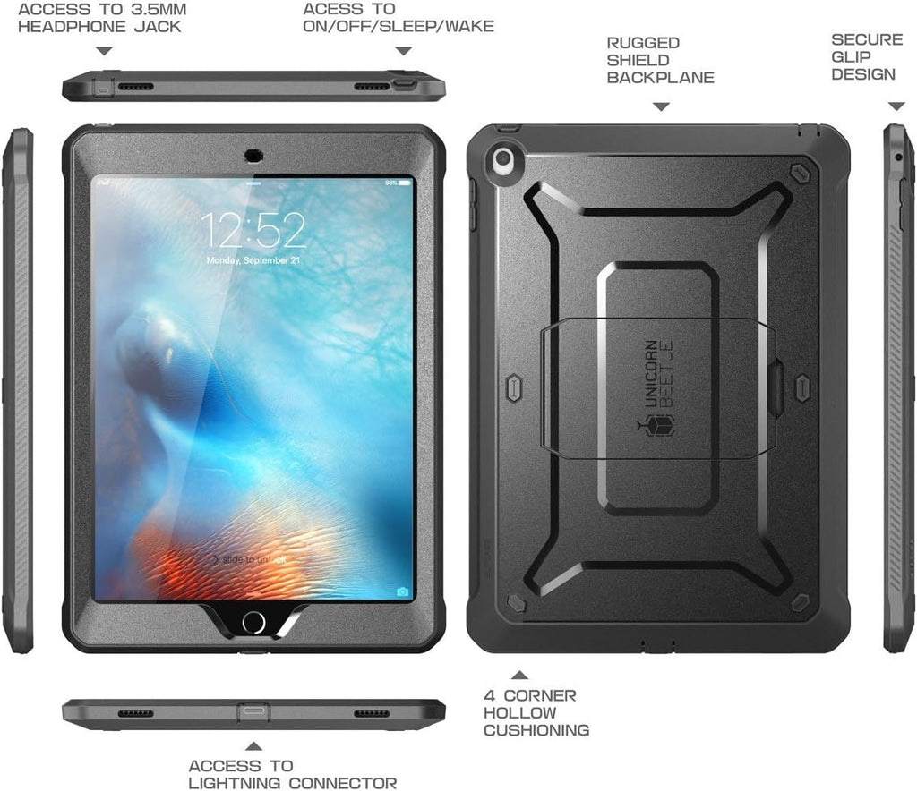 SUPCASE Unicorn Beetle Pro Series - Funda diseñada para iPad 9.7 2018/2017, con protector de pantalla integrado y funda protectora resistente de doble capa de cuerpo completo para iPad 9.7 de 5ª y 6ª generación (negro)