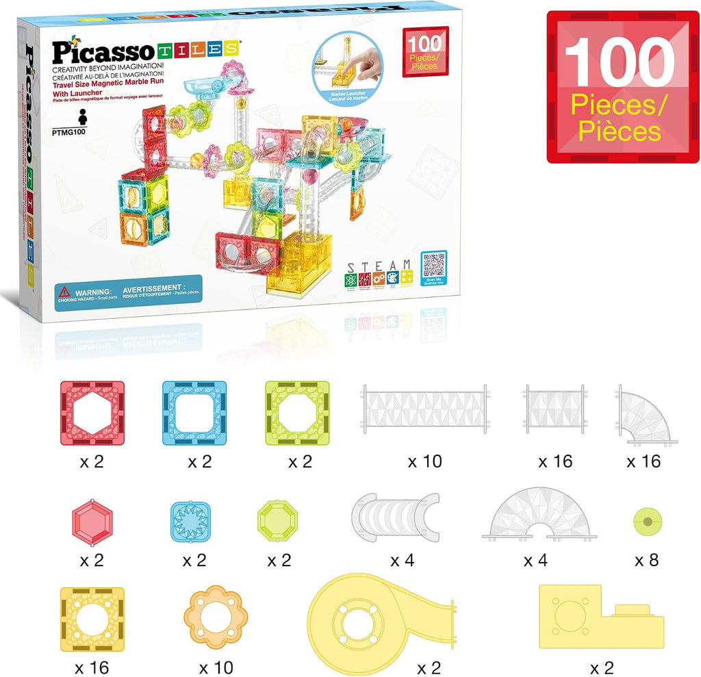 PicassoTiles - Juego de 100 piezas de bloques de construcción magnéticos para carreras de mármol, tamaño de viaje, mini baldosas imán, juego de mármoles, juego de construcción para pista de carreras
