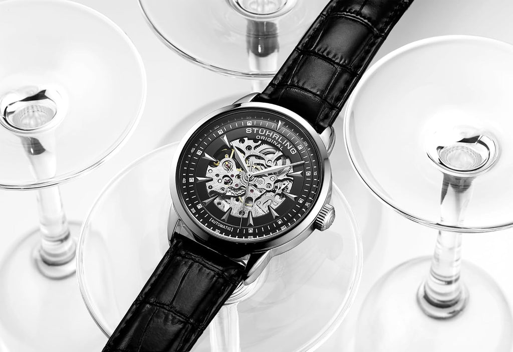 Stuhrling Original Reloj de vestir automático para hombre con correa de cuero en relieve de cocodrilo con esfera de esqueleto