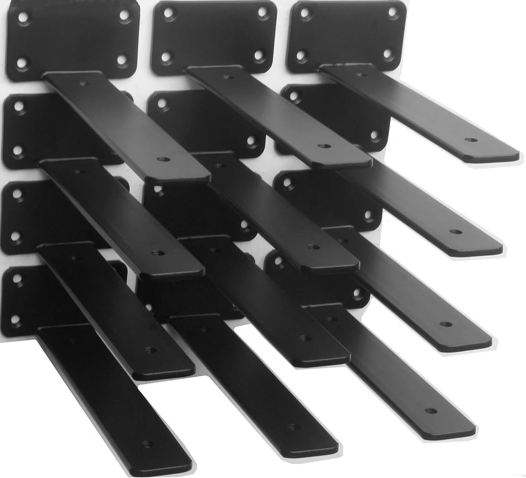 Paquete de 12 soportes de estante en L ocultos negros de 8 pulgadas (1/5 pulgadas de grosor), soportes flotantes de hierro rústicos industriales para soporte de estantes