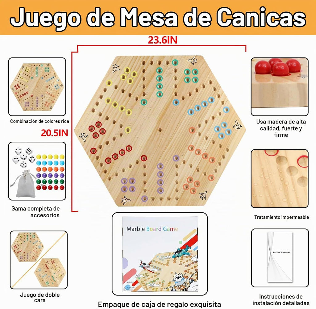 HOROW Wahoo - Juego de mesa original de madera de 23.6 pulgadas, clásico juego de pista rápida pintado de 2 lados para 4 jugadores y 6 jugadores con 30 canicas, 6 dados para noche de juegos familiares (extra grande)