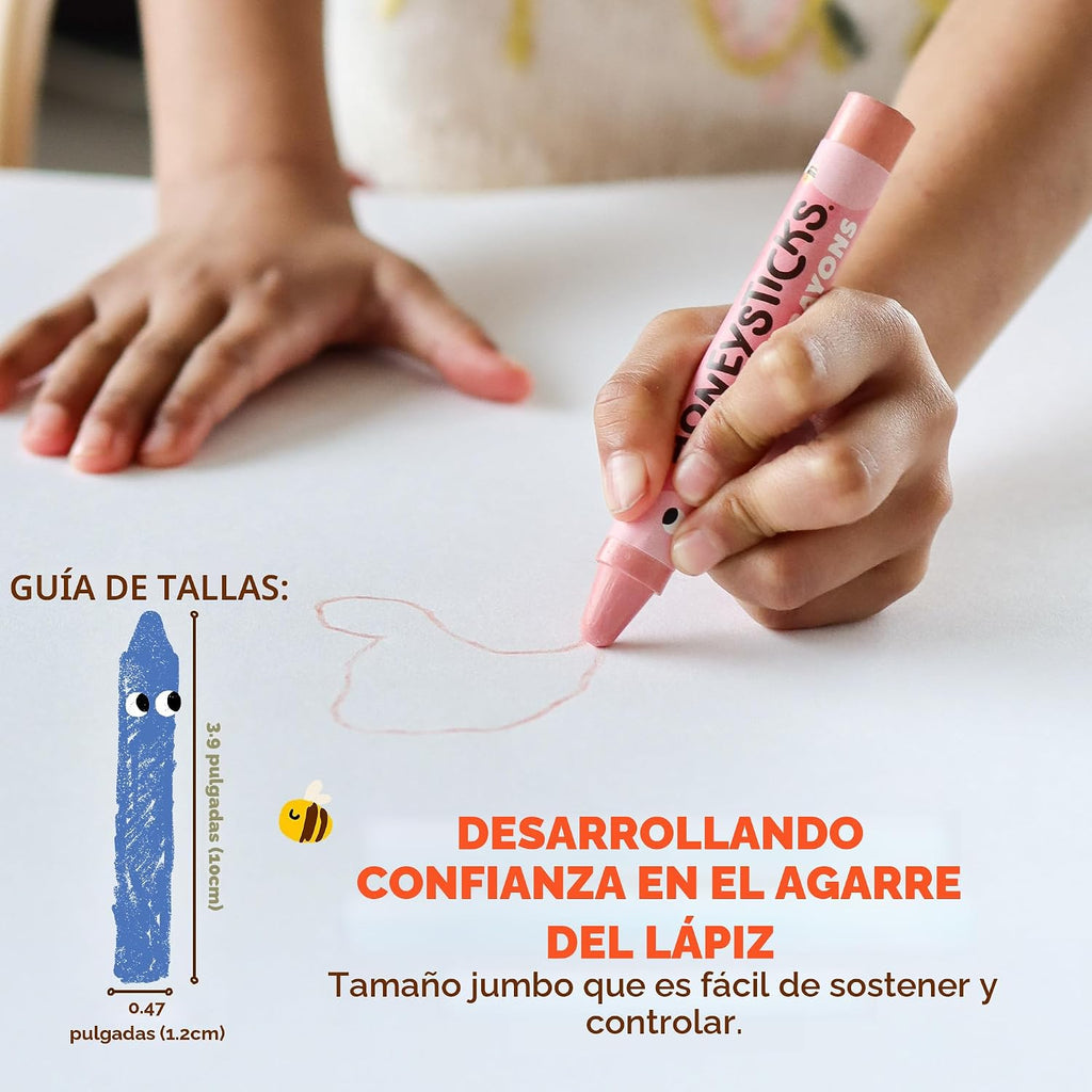 Honeysticks Crayones Jumbo (16 unidades) - Crayones no tóxicos - 100% pura cera de abejas y colores de grado alimenticio - 16 colores brillantes - Grandes, fáciles de sostener y usar - Suministros de