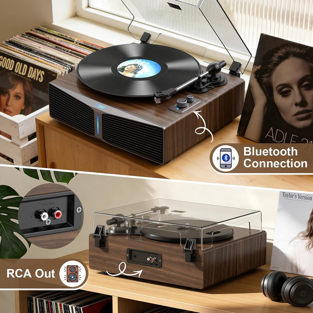 Tocadiscos de vinilo con altavoces integrados, tocadiscos Bluetooth de 5.4 entradas para discos de vinilo, cartucho magnético, transmisión por correa de 33/45 RPM, salida RCA, barra de luz