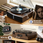 Tocadiscos de vinilo con altavoces integrados, tocadiscos Bluetooth de 5.4 entradas para discos de vinilo, cartucho magnético, transmisión por correa de 33/45 RPM, salida RCA, barra de luz