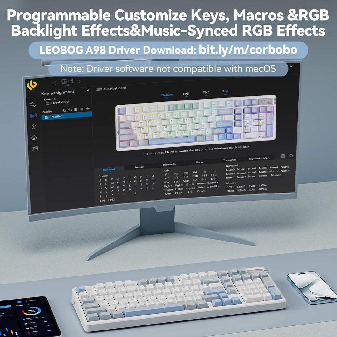 CORBOBO LEOBOG A98-96% Teclado mecánico inalámbrico, trimodo BT5.0\...