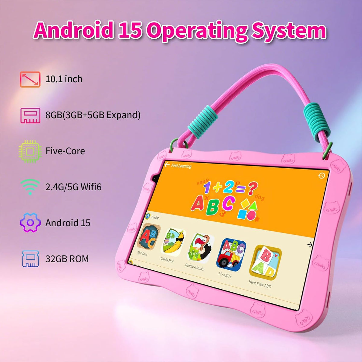 VASOUN Tablet Android 15 para niños 10.1, Rosa