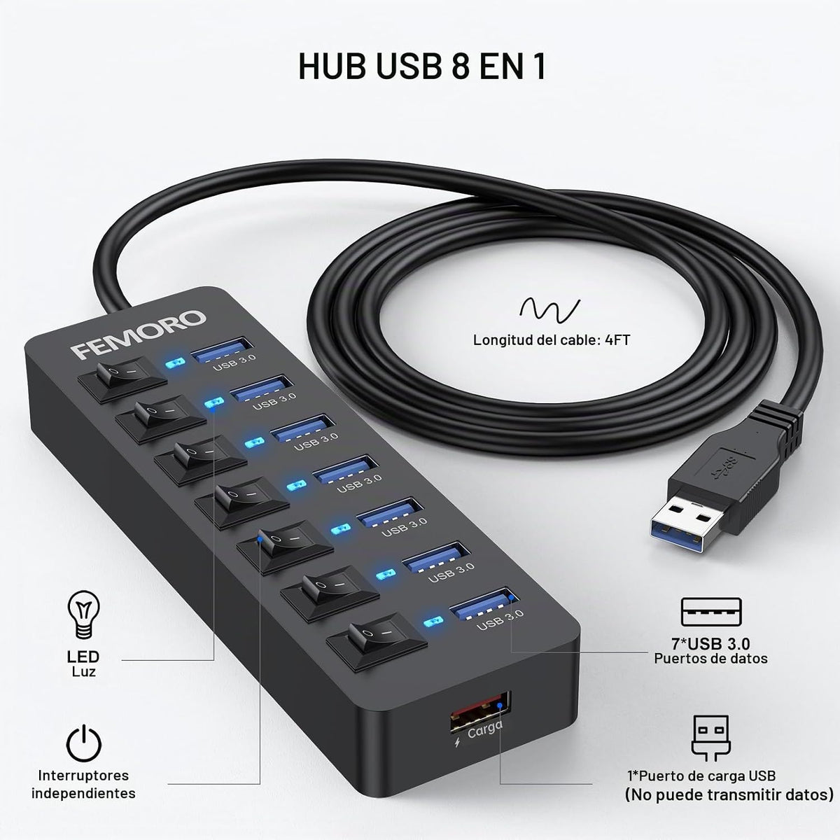 FEMORO, FE033-D1, hub USB 3.0 de 7 puertos, alimentado, adaptador 5V/3A