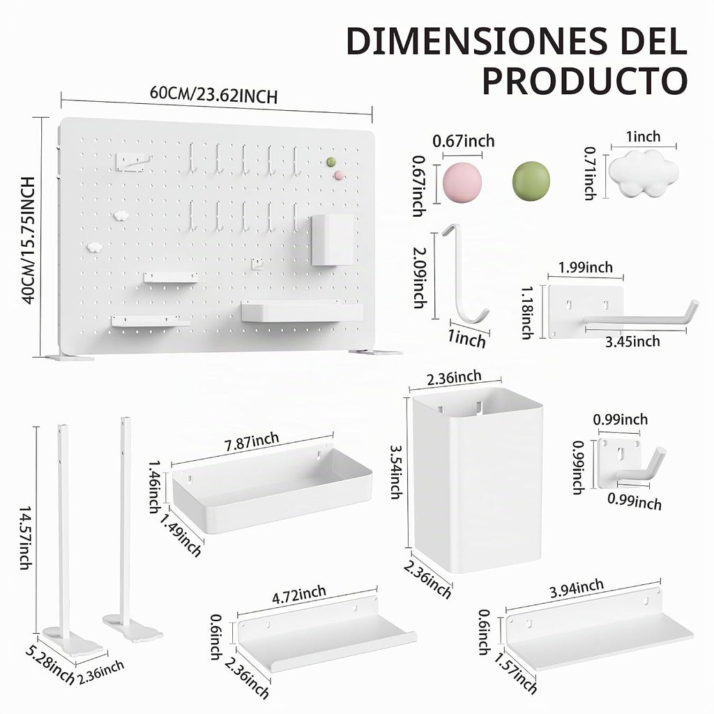 Organizador de escritorio con tablero perforado blanco, 23.62 x 15.75 in con ganchos
