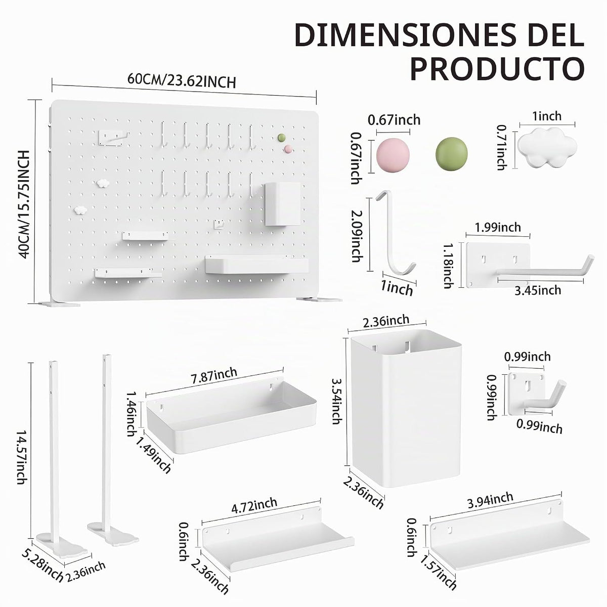 Organizador de escritorio con tablero perforado blanco, 23.62 x 15.75 in con ganchos