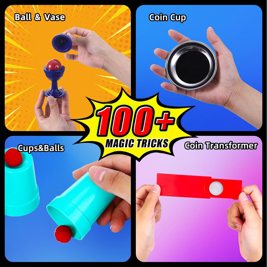 Kit de trucos de magia, 30 en 1, juego de magia para niños de 6, 7, 8, 9, 10, 11, 12, disfraz de mago para juego de simulación e instrucciones en video paso a paso para cada truco para principiantes, regalos de cumpleaños para niños