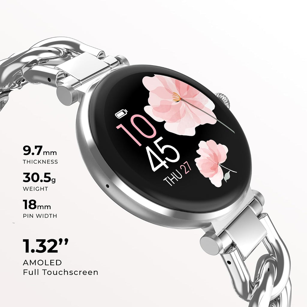 iTouch Bloom - Reloj inteligente para mujer, pantalla AMOLED de 1.32 pulgadas, rastreador de actividad física con llamadas Bluetooth, seguimiento de frecuencia cardíaca y sueño, más de 60 modos deportivos, reloj inteligente impermeable IP68 para Android y