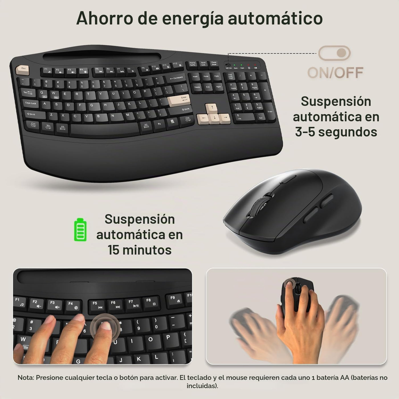 Combo de teclado y mouse inalámbricos, teclas onduladas de tamaño c...