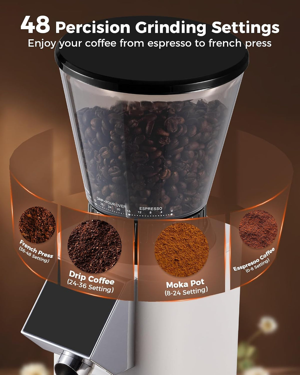 Tuni G1 Molinillo de café con rebabas cónicas, 48 ajustes de molienda, molinillo de fresas antiestáticas, temporizador electrónico de precisión y pantalla táctil LED para expreso, goteo, preparación