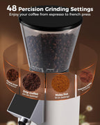 Tuni G1 Molinillo de café con rebabas cónicas, 48 ajustes de molienda, molinillo de fresas antiestáticas, temporizador electrónico de precisión y pantalla táctil LED para expreso, goteo, preparación