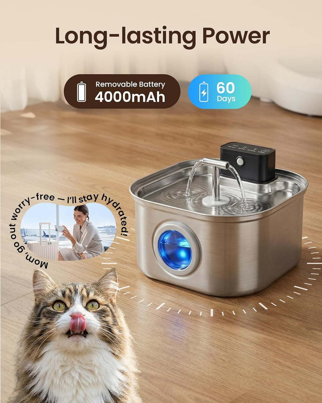 Fuente de agua inalámbrica para gatos de acero inoxidable, 3.2L/108oz