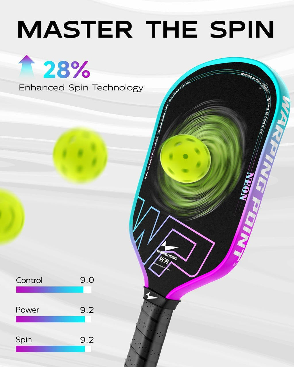 Warping Point Pala de pickleball Neon Gen 3, aprobada por UPA-A, fibra de carbono T700 cruda de triple capa, núcleo EdgeFusion de 16 mm, marco termoformado, giro a nivel de torneo, control y potencia