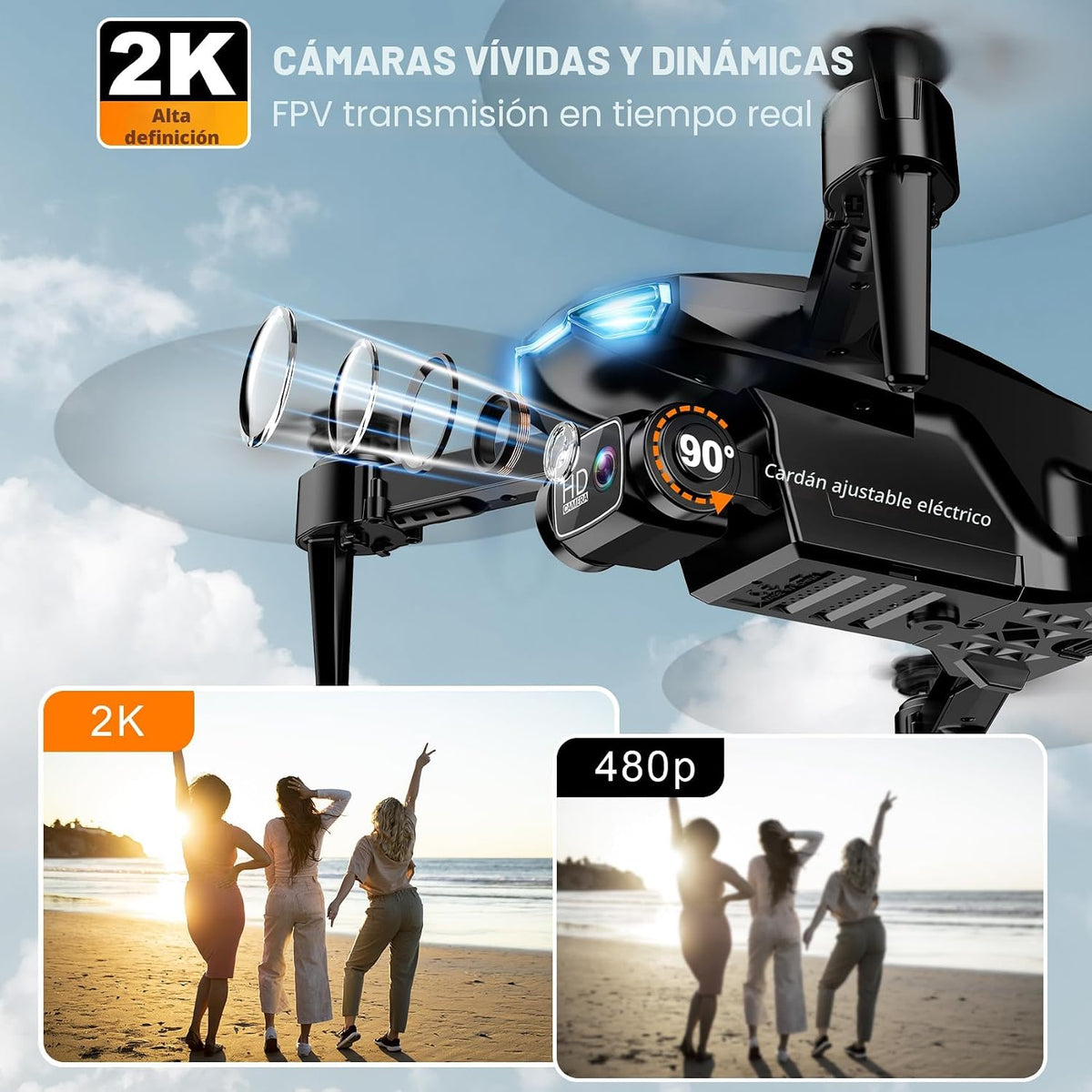 Drone con Camera para Adults, 2K HD FPV Drones con Upgrade Altitude Hold, One-Key Take Off/Landing, Speed Adjustment, Headless Mode, 2 Batteries, Toys Gifts para Teen Boys Girls, Beginner