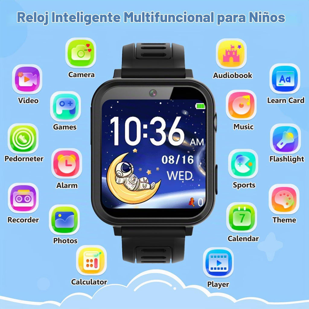 Reloj inteligente para niños, 39 juegos, cámara, video, música, podómetro, grabadora