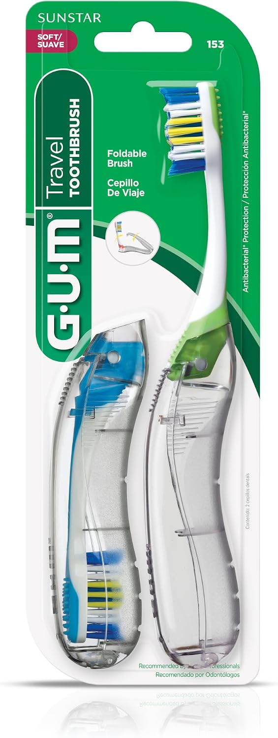 GUM Cepillo de dientes de viaje plegable, cabezal compacto + limpia...
