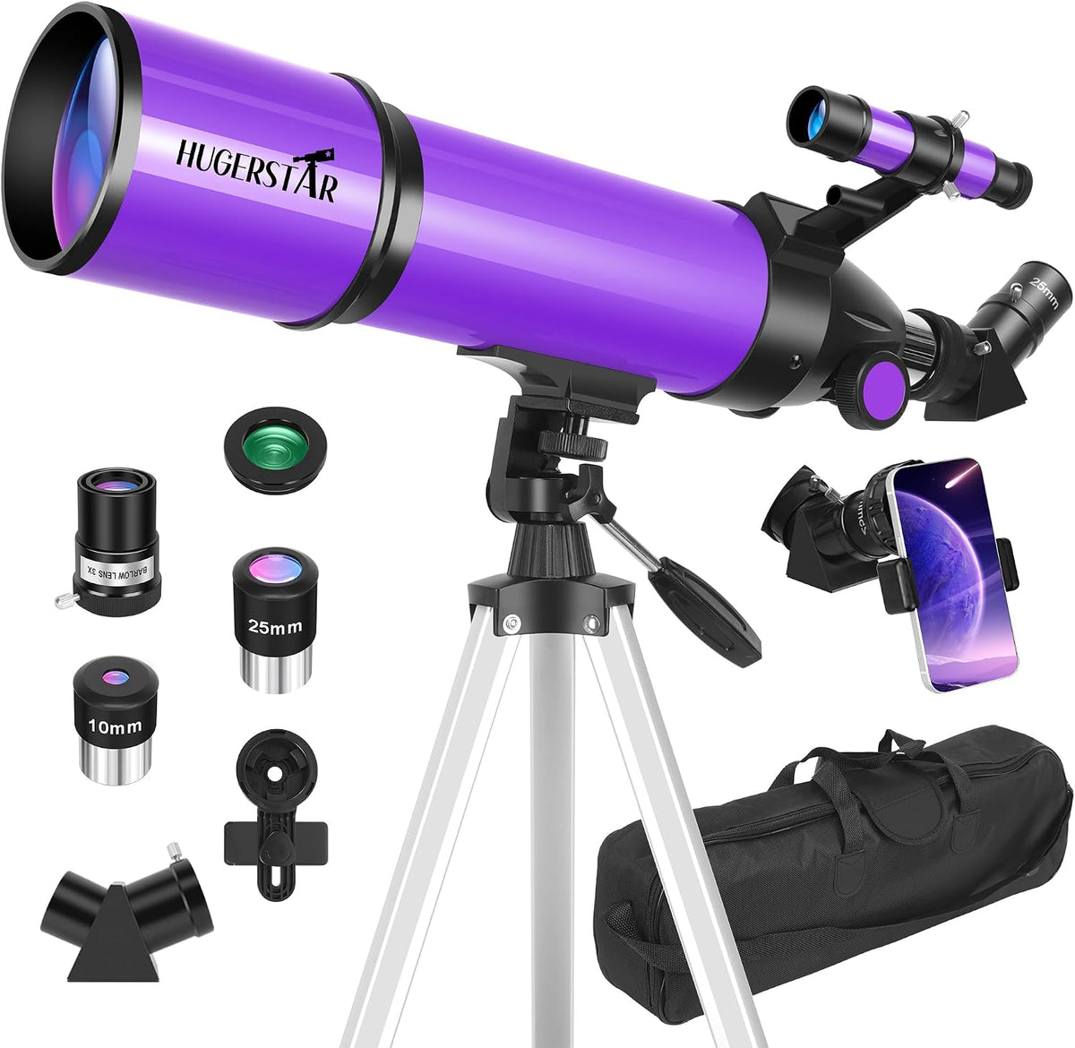 Telescopio, telescopio para adultos y niños y principiantes de astronomía, 3.150 in de apertura de 23.622 in telescopios refractores portátiles FMC óptica con trípode de montaje AZ
