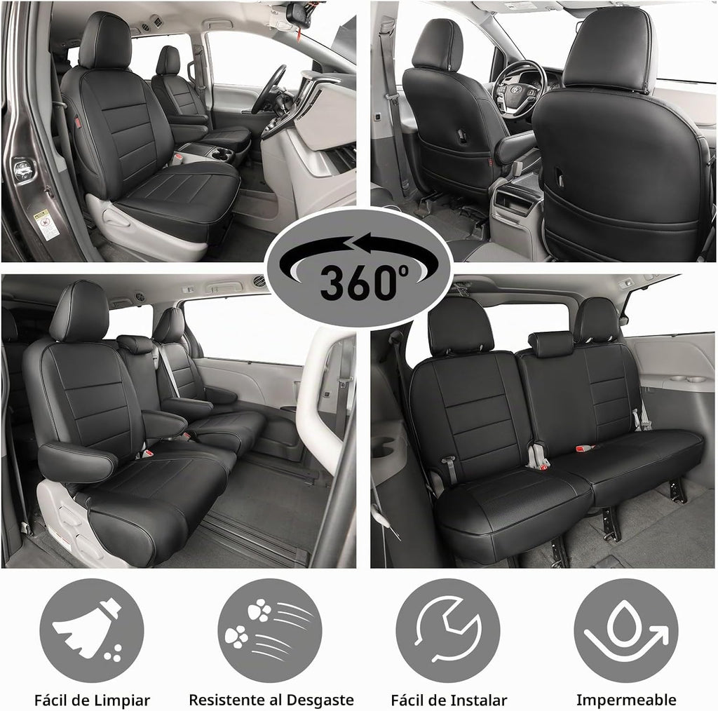 EKR - Funda de asiento para vehículo, 8 asientos, 2da fila con división 424, juego completo, tres filas, cuero, color negro