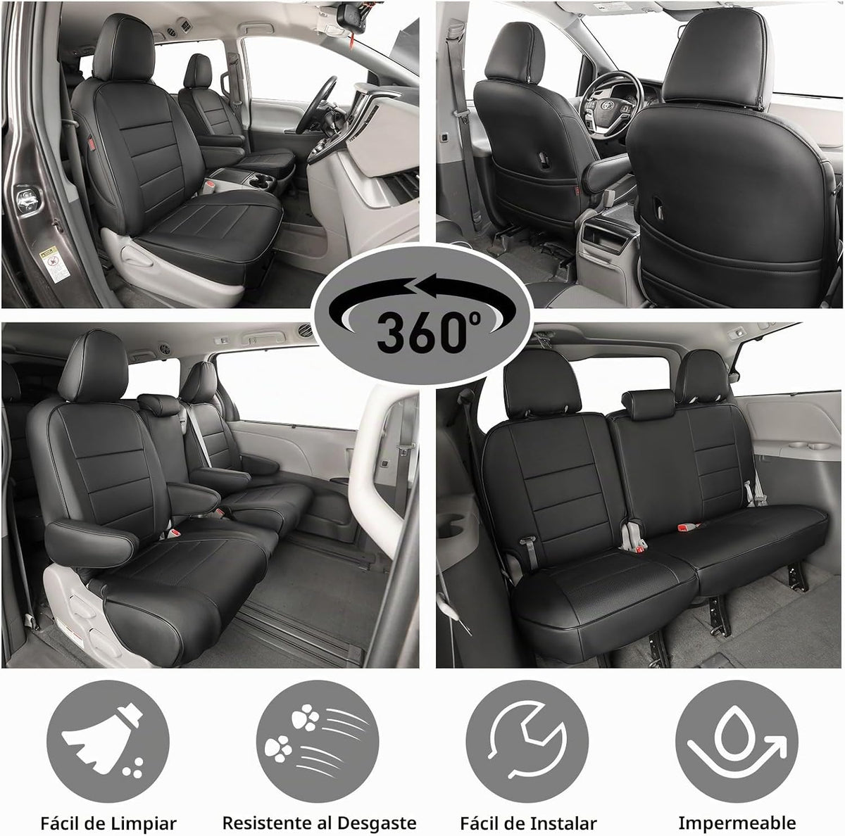 EKR - Funda de asiento para vehículo, 8 asientos, 2da fila con división 424, juego completo, tres filas, cuero, color negro