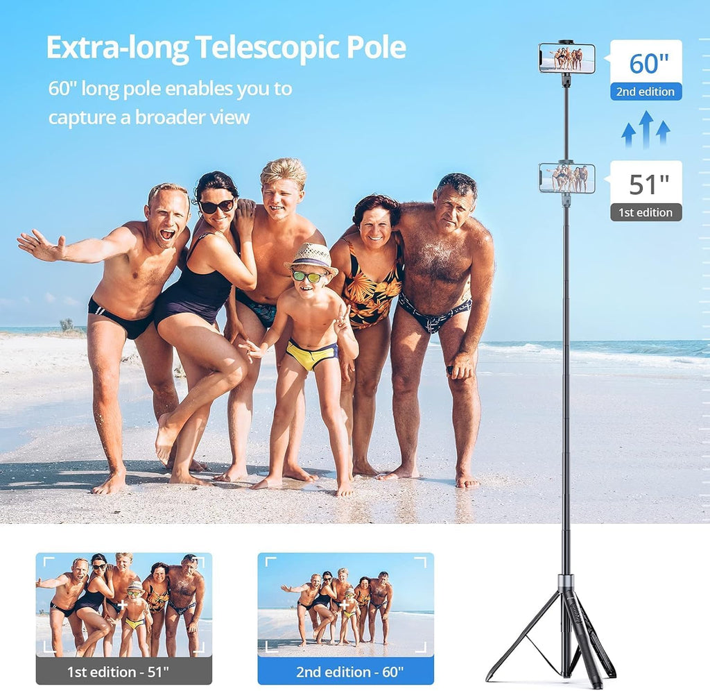 ATUMTEK Trípode para selfie stick de 60 pulgadas, todo en uno, extensible con control remoto Bluetooth, rotación de 360° para iPhone y Android, grabación de video, vlogging, transmisión en vivo, color negro