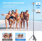 ATUMTEK Trípode para selfie stick de 60 pulgadas, todo en uno, extensible con control remoto Bluetooth, rotación de 360° para iPhone y Android, grabación de video, vlogging, transmisión en vivo, color negro