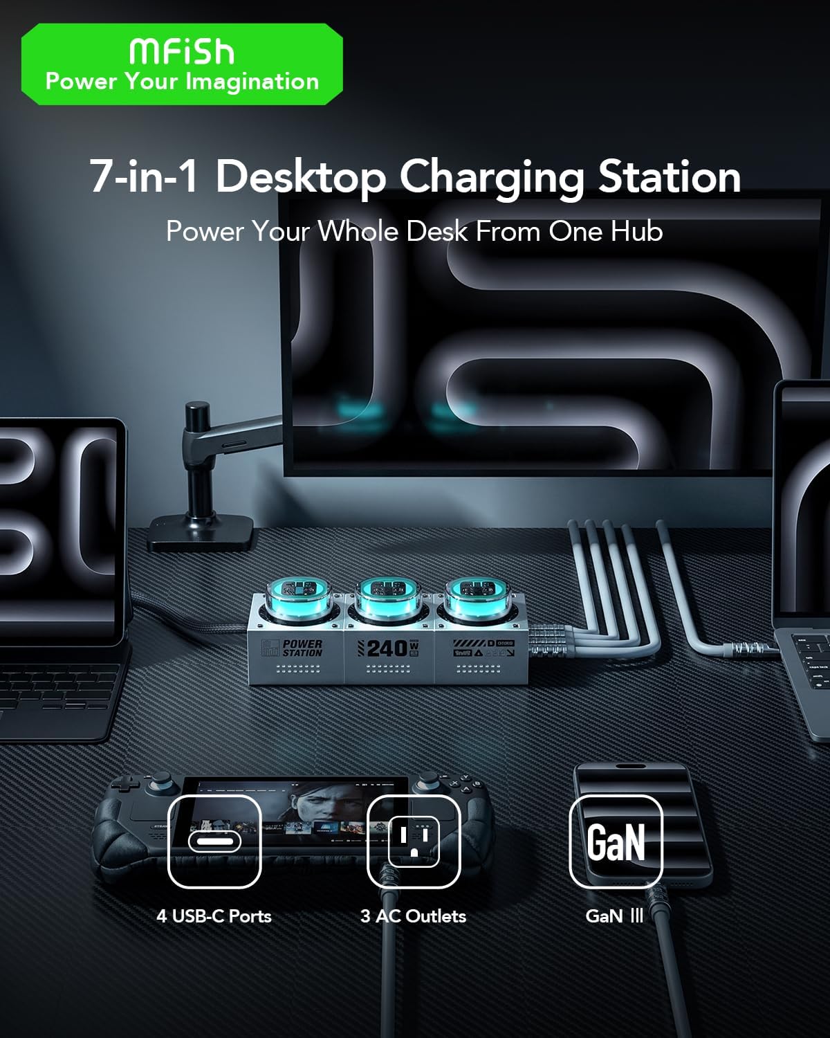 E-Tank Estación de Carga de Escritorio 7 en 1, Cargador GaN USB-C de 240W Máx.