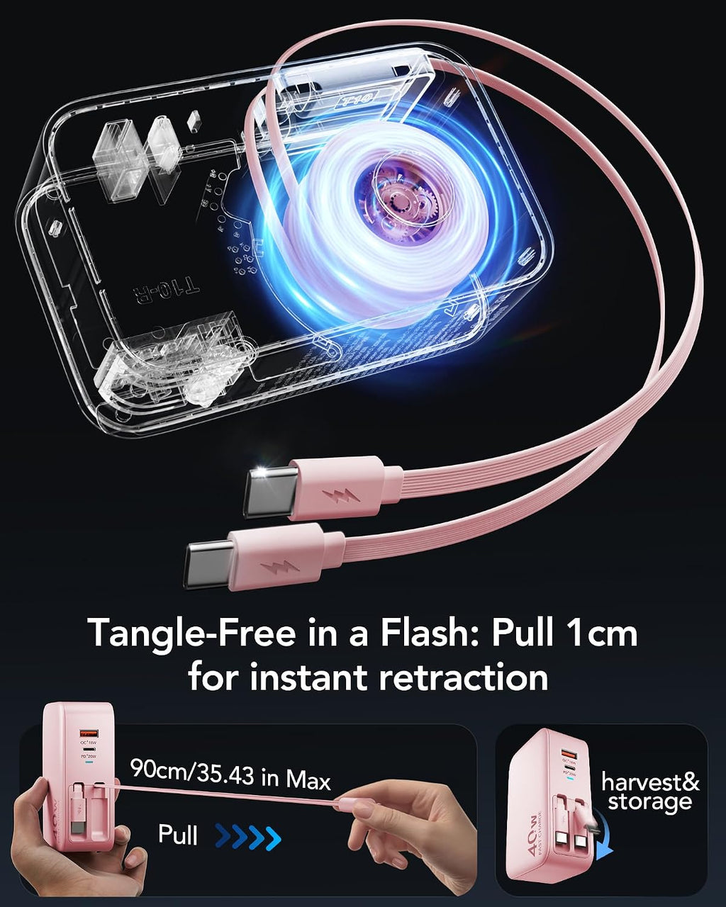 Cargador de pared retráctil USB C 4 en 1, carga rápida de 40 W para