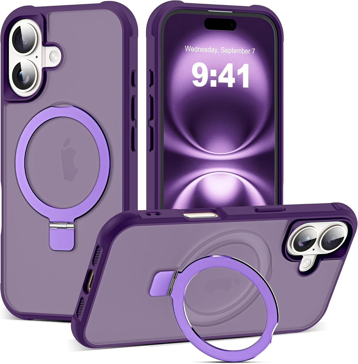SKYLMW - Funda compatible con iPhone 16 con soporte magnético invisible tipo anillo, funda de grado militar para iPhone 16 de 6.1 pulgadas, compatible con MagSafe, gran sensación de agarre, morado