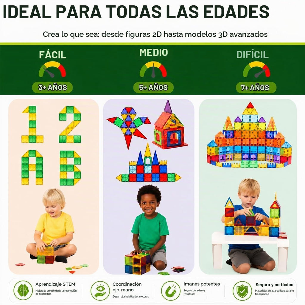LittleVo - 180 azulejos magnéticos para niños y 2 autos, juguete de bloques