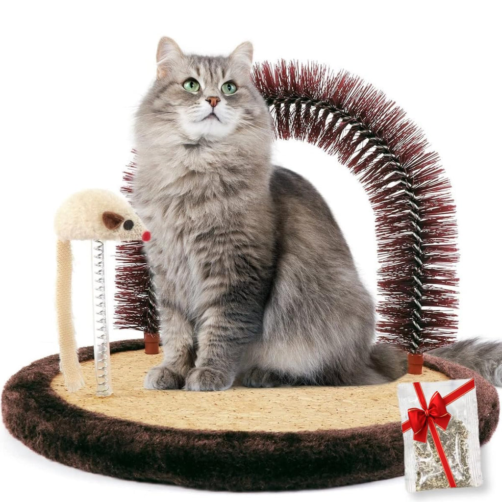 Happi N Pets Acicalador Automático Original para Gatos, Cepillo de Aseo en Arco con Almohadilla Rascadora de Madera Pesada, Poste para Frotarse y Juguete, Rascadores para la Cara del Gato y Masajeador