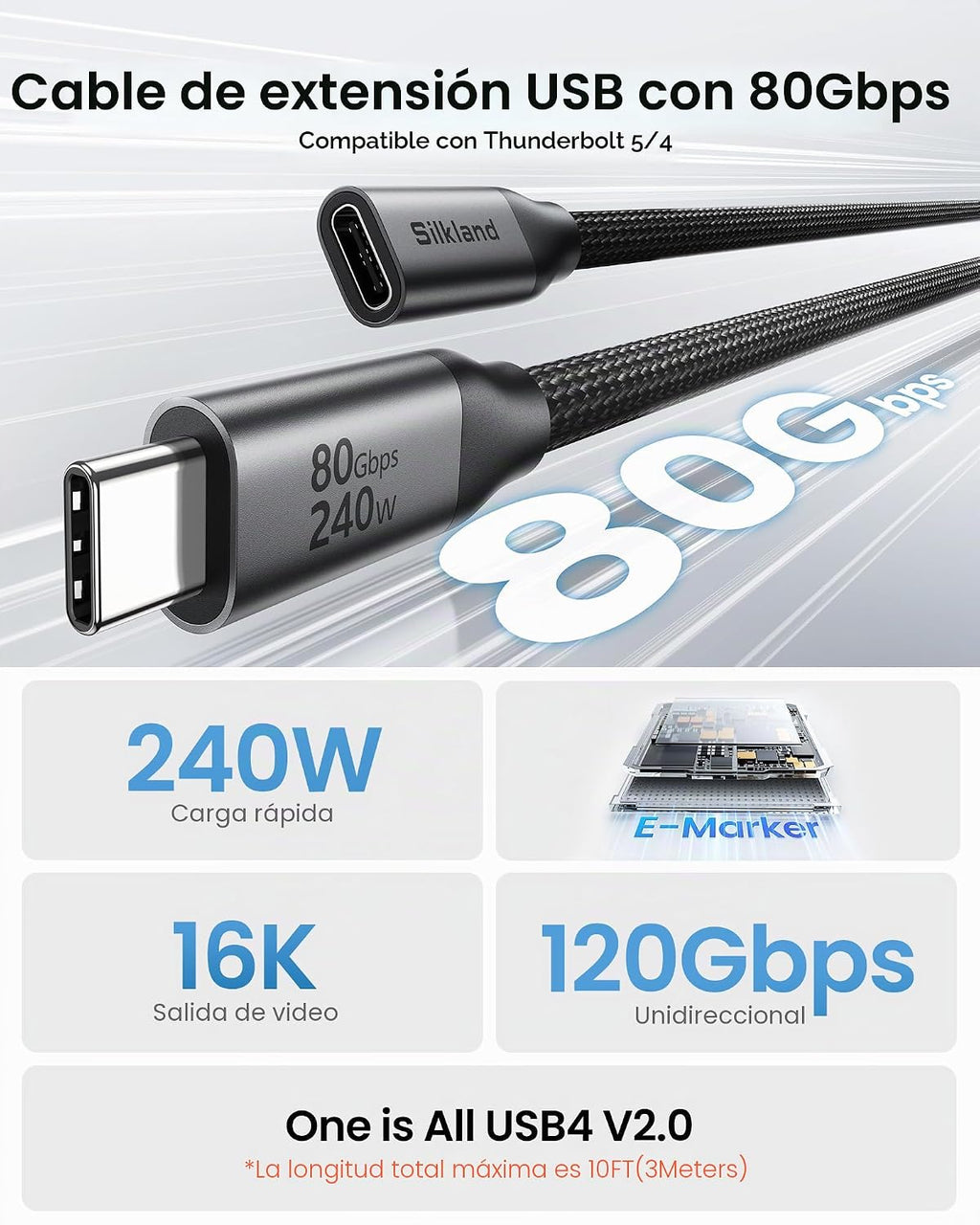 Silkland Cable de extensión USB C USB4 de 80 Gbps 240 W para Thunderbolt 5