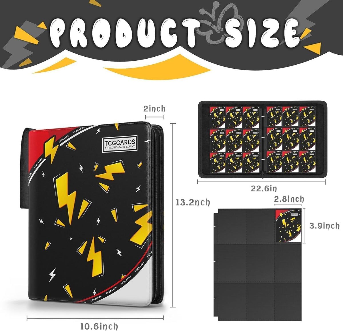 Carpeta de 9 bolsillos, carpeta de tarjetas, 900 bolsillos, tarjetero con 50 fundas extraíbles, diseño de cremallera de 3 anillas, álbumes coleccionables MTG/TCG/Sport para niños y niñas (negro)