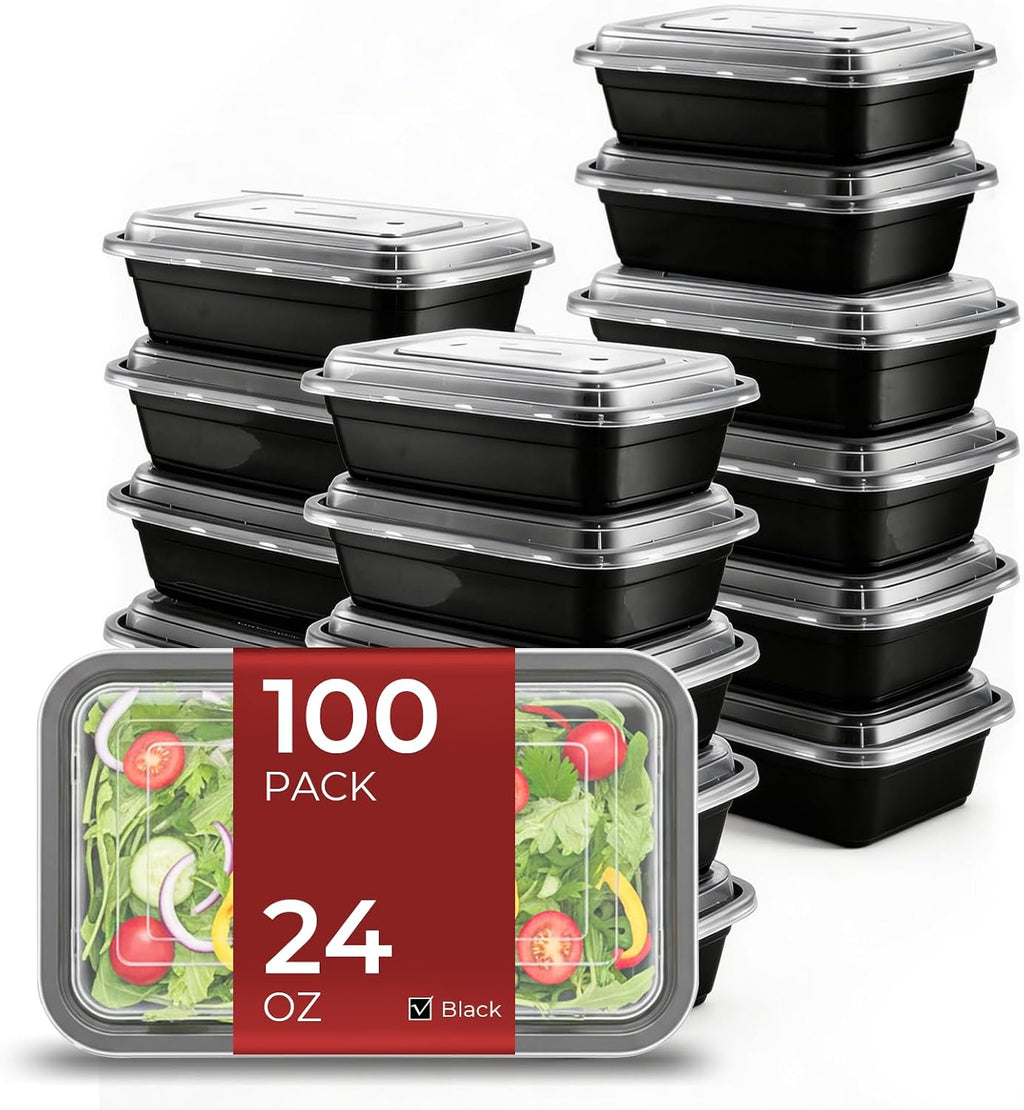 Paquete de 100 recipientes (200 piezas) de 24 onzas para preparación de comidas reutilizables, con tapas, resistentes a prueba de fugas, recipientes de plástico para llevar para microondas