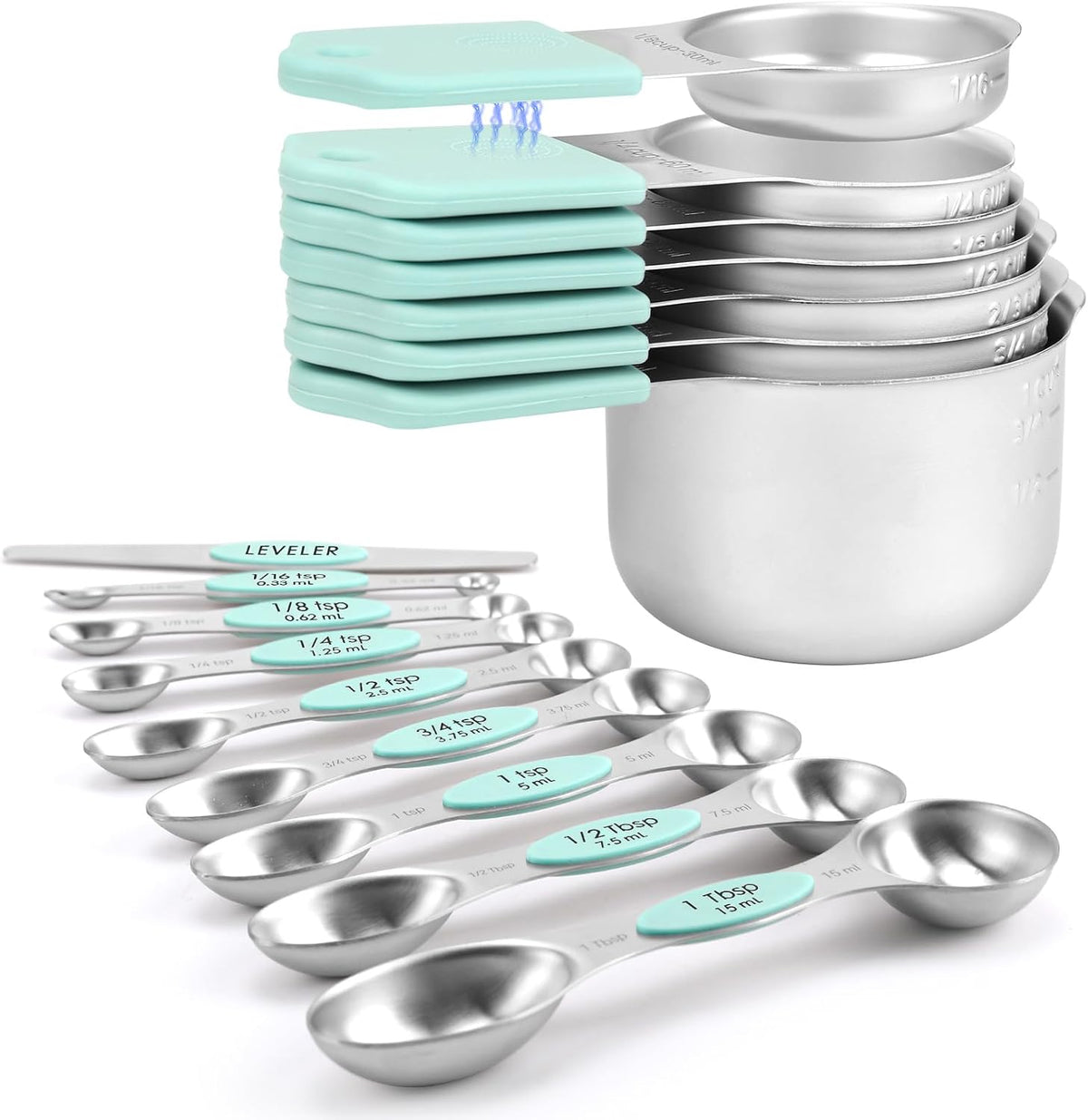 Juego de tazas y cucharas medidoras magnéticas - Acero inoxidable 304 de alta resistencia, marcas de medición dobles, juego de 16 con nivelador para medir ingredientes secos y líquidos (Menta)