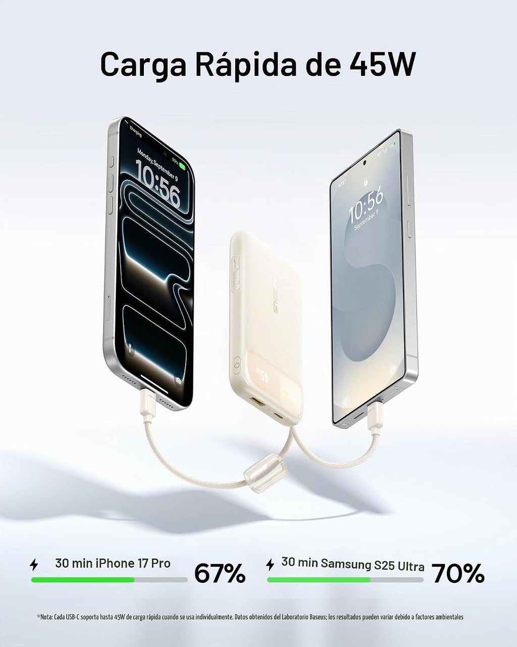 Baseus Banco de energía ultra delgado de 45 W, 10000 mAh, cables USB-C integrados, cargador portátil certificado CCC, esencial de viaje, carga rápida, tamaño de bolsillo, batería para iPhone 17 16