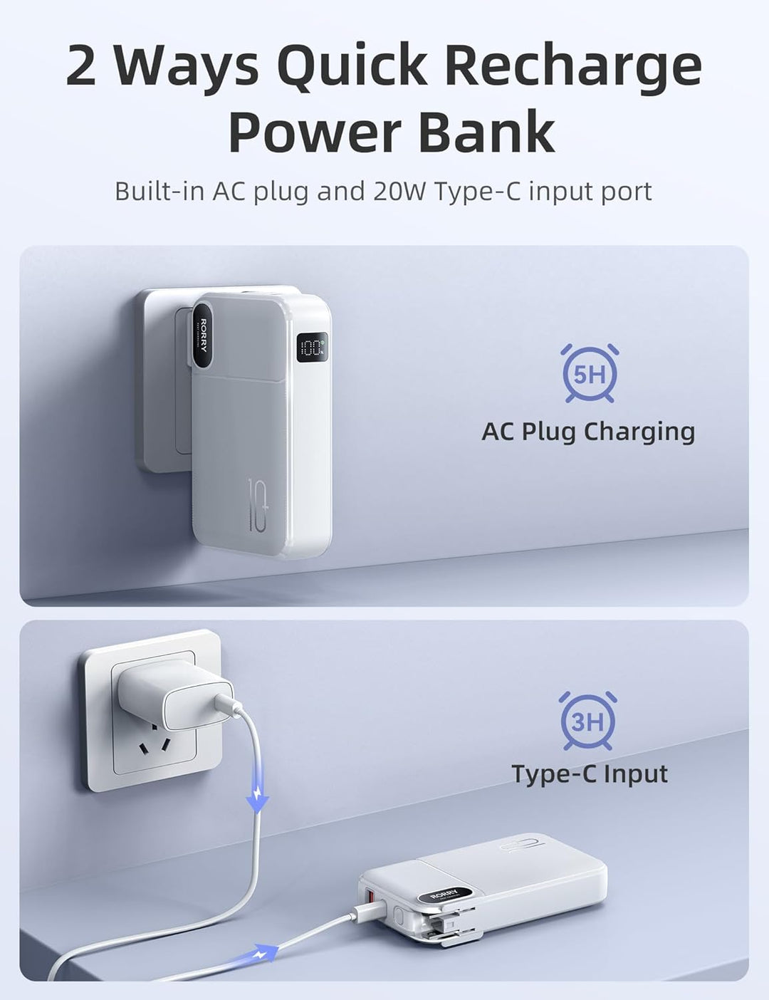 RORRY Cargador portátil con cables integrados, enchufe de pared de...