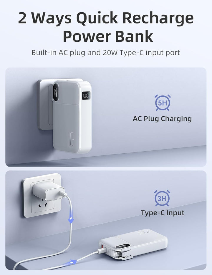 RORRY Cargador portátil con cables integrados, enchufe de pared de...