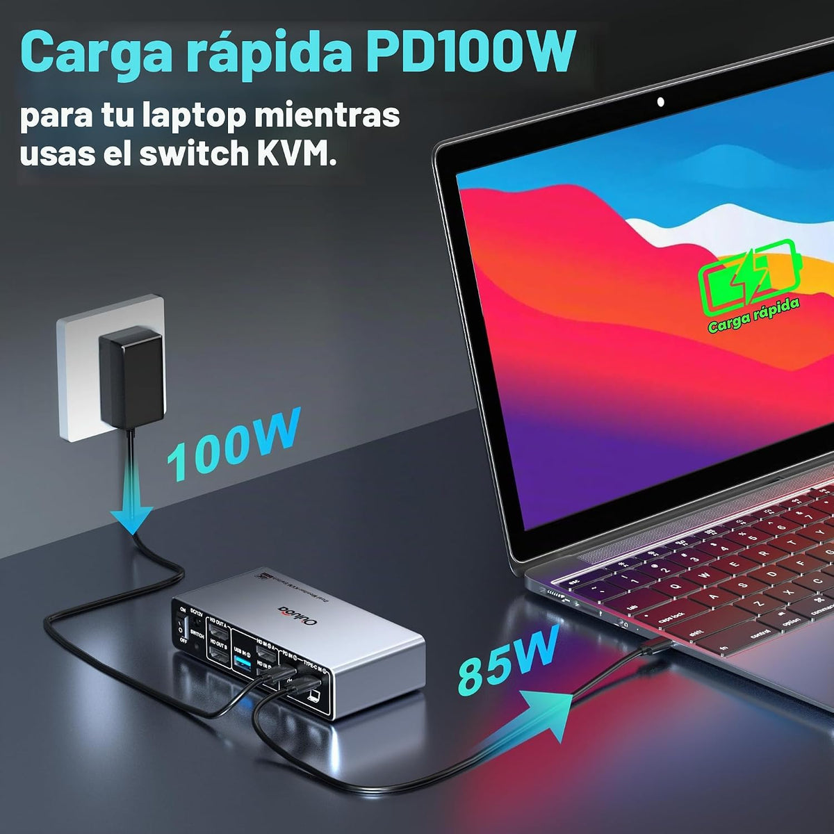Conmutador Kvm USB C, 2 monitores, 1 escritorio y 1 portátil, estación de acoplamiento para conmutador KVM de doble monitor, 4K a 60 Hz, 2 pantallas HDMI, USB 3.0 x 3, USB C x1, PD 100 W