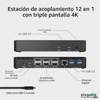 Plugable Estación de acoplamiento para monitor triple USB C 12 en 1, carga