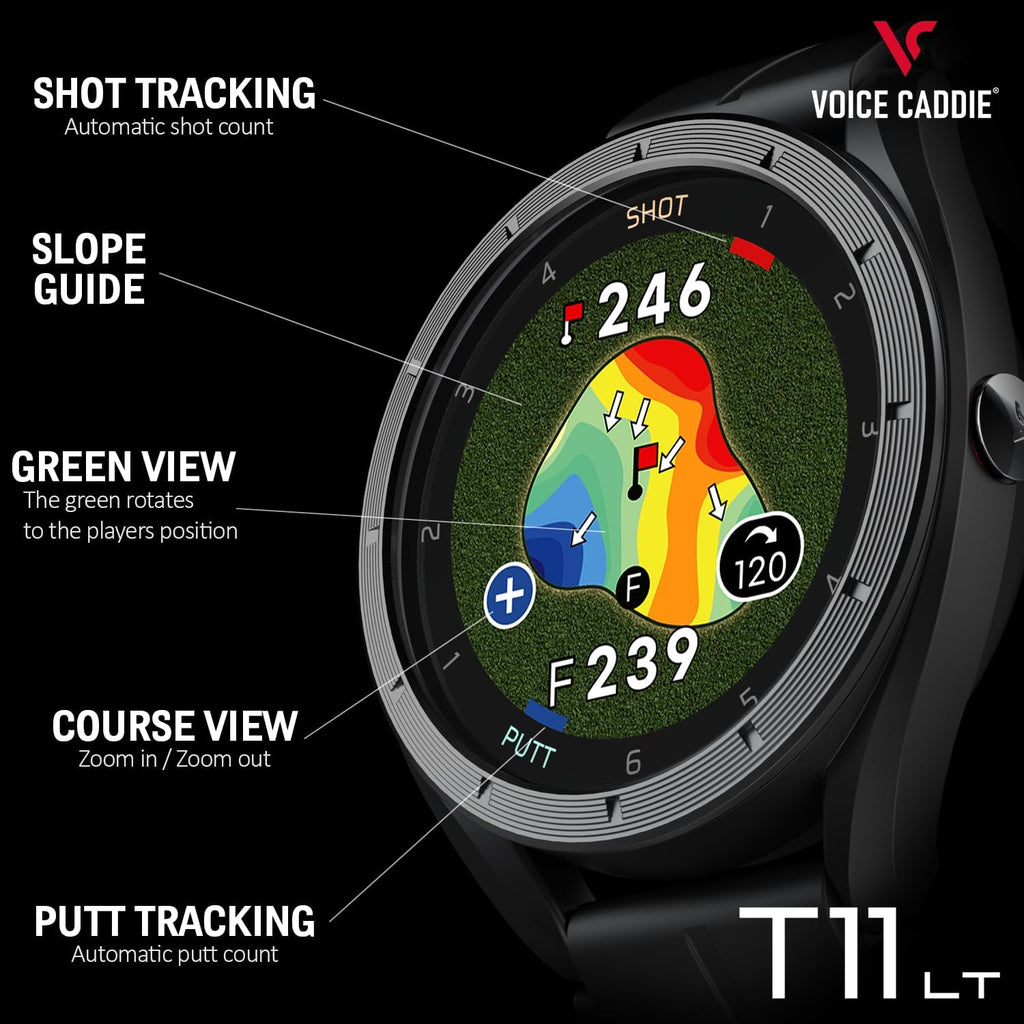 Voice Caddie Reloj de golf T11 LT con GPS con pantalla LCD con ondulación verde, sin suscripción mensual, modo de pendiente de 40 K+, cursos preinstalados, vista de campo, modo de tempo de práctica, vista de putt, pantalla táctil a color de 1.2 pulgadas