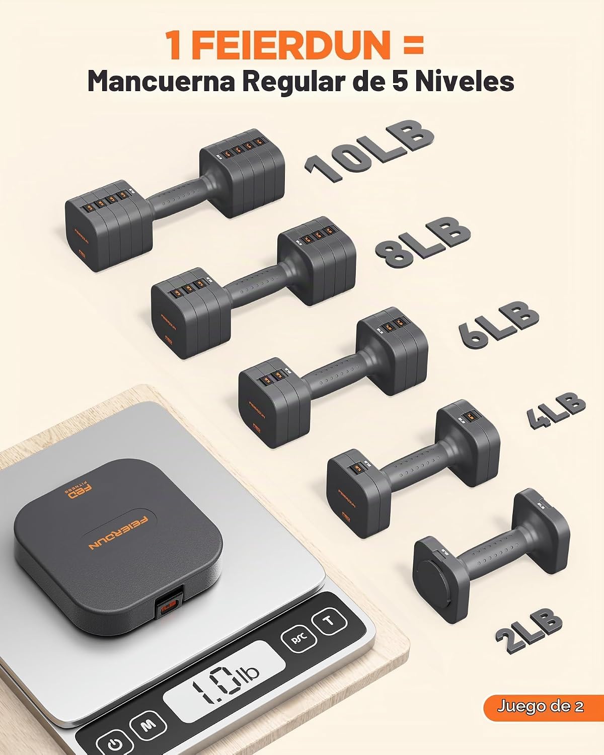 FEIERDUN DB3 - Juego de mancuernas ajustables 5 en 1, 6 libras/10 libras, pesas ajustables para mujeres en casa, pesas de mano estables de doble bloqueo con mango suave de TPU, gimnasio en casa