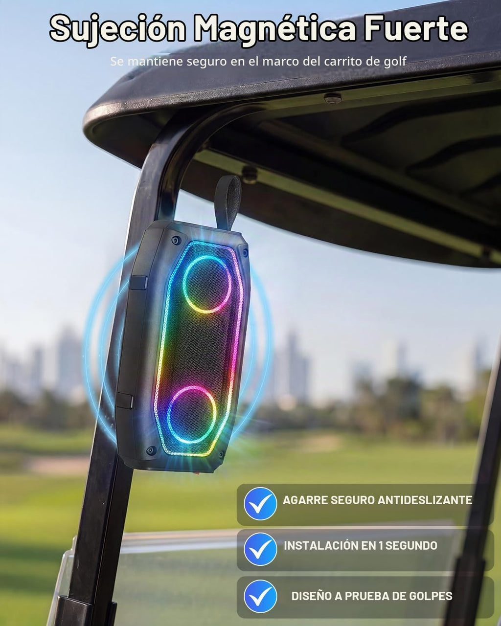 Qozybuds Altavoz de golf magnético, altavoz portátil Bluetooth 6.0 para carrito de golf de 30 W, IPX6 impermeable, tiempo de reproducción de 30 horas, estéreo TWS, luz RGB, altavoz al aire libre a